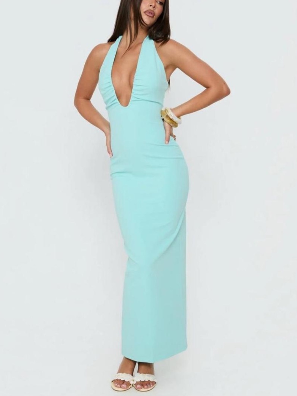 Princess Polly Soft Storm Plunge Halter Maxi Dress Turquoise